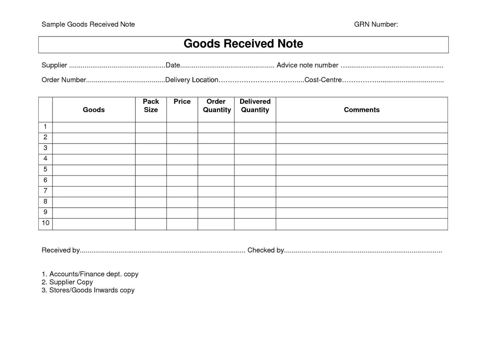 Goods Received Note Template Word